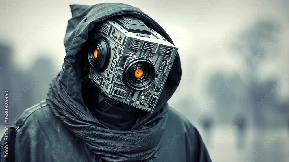 Mysterious hooded figure with a robotic head in a foggy, dystopian cityscape setting evocative and Mysterious hooded figure with a robotic head in a foggy, dystopian cityscape setting evocative and