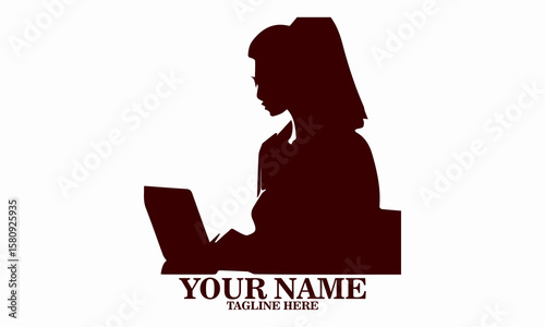 Business lady working on laptop pc sitting at desk, single working women's day icon. vector illustration and logo design
