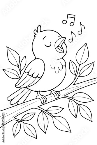 Cute Cartoon Bird Singing on Branch with Music Notes - Nature Animal Coloring Page