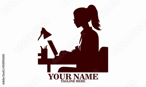 Business lady working on laptop pc sitting at desk, single working women's day icon. vector illustration and logo design