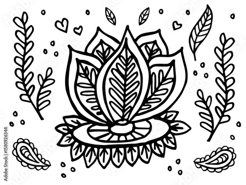 Vector Hand Drawn Floral Coloring Page for Kids and Adults. Doodle linear design with Leaves, Hearts, and Cute Elements. Black and White Line Art for Printable, Coloring Book, Anti-Stress activity