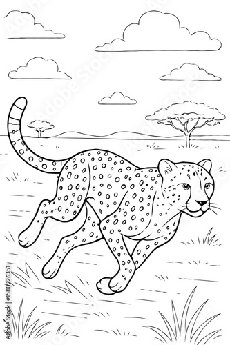 Outline Drawing of a Running Cheetah in the Savanna for Kids Coloring Book Activity