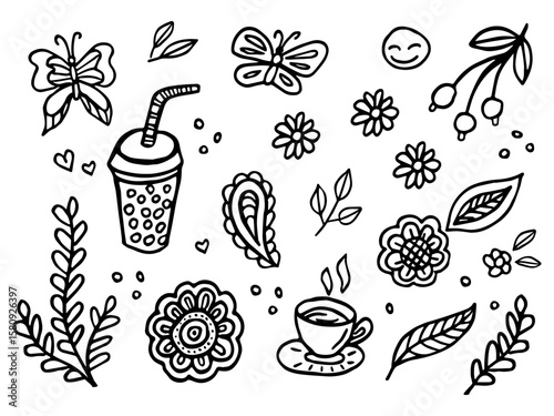 Hand drawn black and white doodle set with tea cup, bubble tea, butterflies, flowers, leaves, and cute elements. Outline vector illustration for coloring books, kids activities, stickers, packaging, s