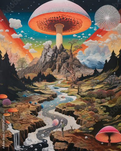 Fantasy mushroom landscape with psychedelic river and alien explorers, AI generated.
