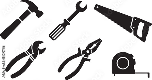 Black silhouette tools hammer wrench saw pliers tape measure