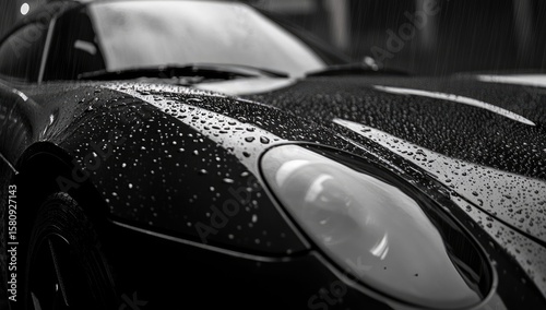 Close-up of a dark car in rain