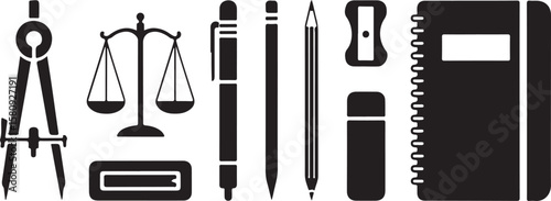 Drawing compass scales pen pencil sharpener eraser notebook