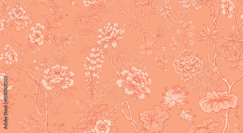 Elegant floral pattern with peony and wisteria in monochrome peach color design