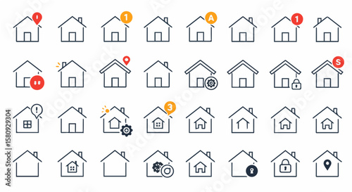Collection of house icons representing real estate, security and home automation solutions