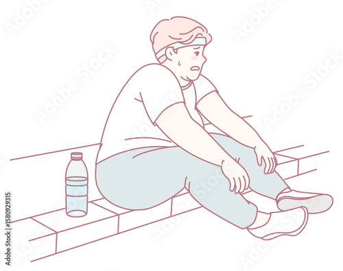 A solitary person is seated thoughtfully on a ledge, seemingly lost in contemplation, beside a water bottle