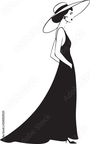Elegant female character walking with confidence, dressed in a long vintage-style outfit