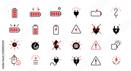 Collection of power and energy icon set representing batteries, plugs, warning symbols