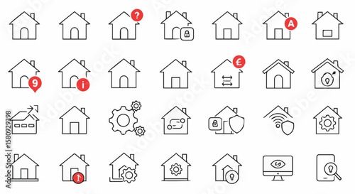 Collection of smart home icons set in modern line art style, representing technology