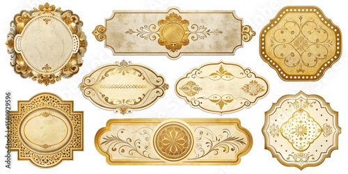 Collection of Elegant Gold Ornate Frames with Vintage Parchment Inserts for Design Projects