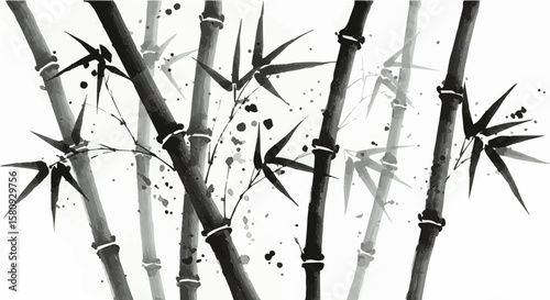 Elegant bamboo stalks and leaves in a traditional sumi-e ink painting style