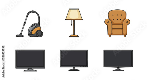 Illustration of various household objects arranged in a neat and orderly manner