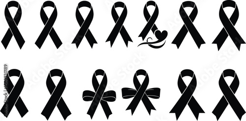 Set of Black Awareness Ribbons with Blue Outlines, Symbolic Vector Illustrations Representing Mourning, Support, and Various Causes, Grief, Cancer.