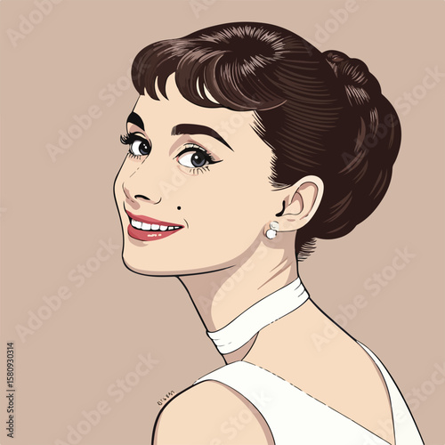 Graceful woman smiling gently in a retro dress, illustrated in soft tones with elegant posture.