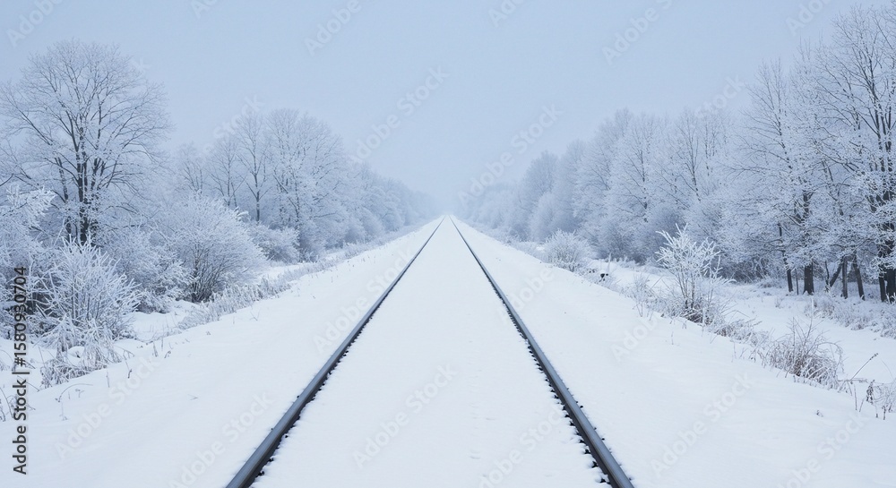 Obraz premium Snow-covered train tracks lead to the horizon, flanked by frosted trees in a serene winter scene under a soft, diffused light.