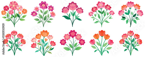 A collection of ten floral bouquet arrangements with various colors shapes vector illustrations