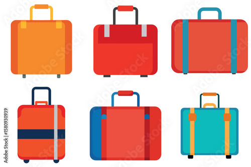 Collection of Six Travel Suitcases in Assorted Colors Unique Designs vector illustrations
