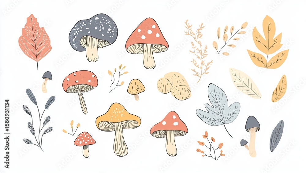 Autumnal mushroom and leaf collection