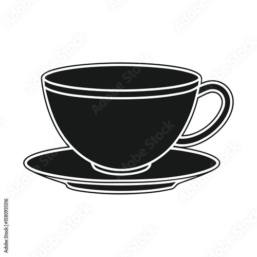 Minimalist black coffee cup and saucer outline white