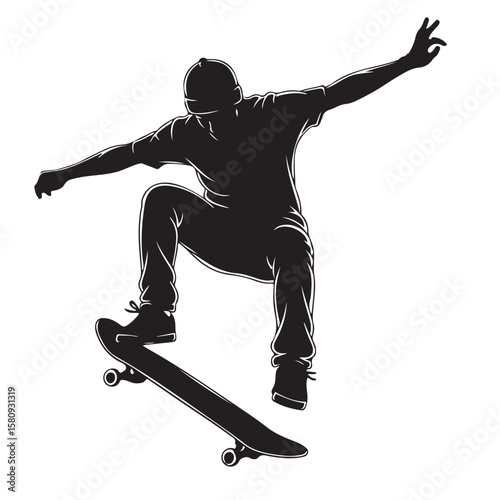 Silhouette of a skateboarder performing a trick, vector illustration