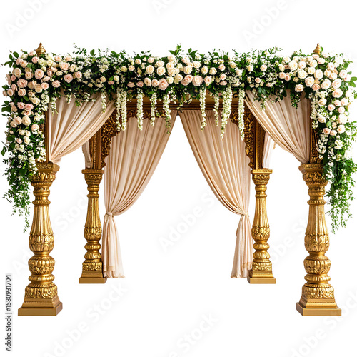 Traditional Indian Wedding Mandap with Floral Drapes and Golden Pillars, isolated on a transparent background