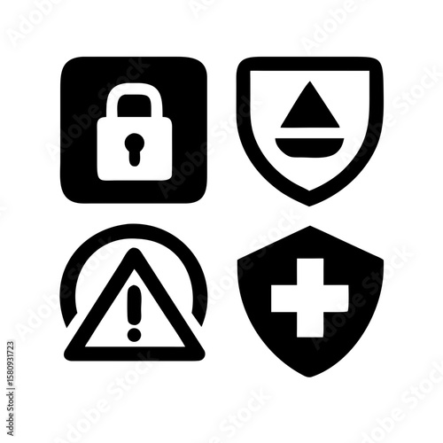 Travel safety icons  insurance shield, first aid kit, warning triangle, and emergency number.