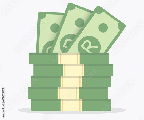 Green stack of South African rand banknotes with bands, flat vector currency illustration for finance, economic growth, and investment design concepts