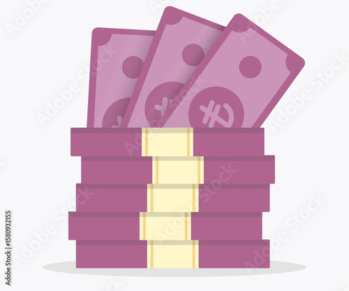 Flat pink stack of Turkish lira banknotes with currency bundles, vector artwork for financial and economic design projects