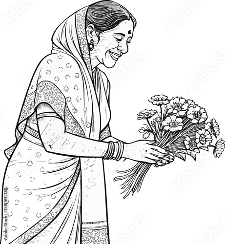 Graceful female character in classic attire offering flowers in a respectful and humble pose.