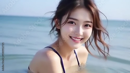 Video of a cute woman in a bikini laughing in a beautiful sea, vacation, summer, having fun, 綺麗な海でビキニを着たかわいい女性が笑う動画、休暇、夏、楽しむ、