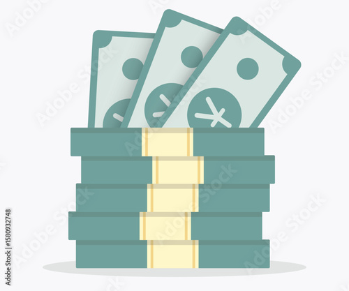 Stack of blue Chinese yuan banknotes with bundles, flat currency vector for finance, trade, or Asian market design themes