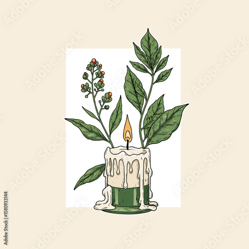 Candle with melting wax and plants on a light pink background copy space
