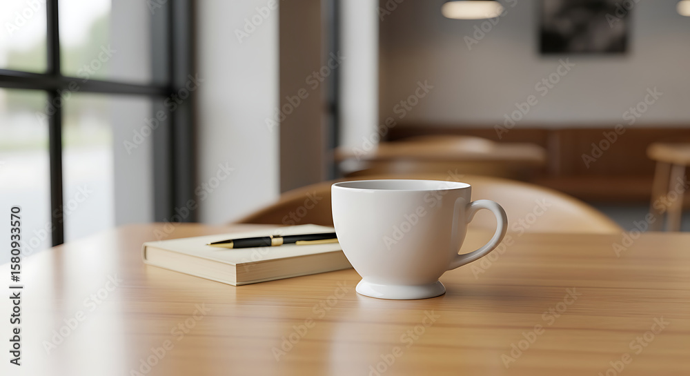 Obraz premium Coffee cup and book on wooden table in a bright, modern cafe. Cozy setting for reading, studying, or remote work.