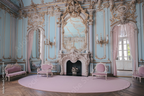 rococo room pink furniture baroque decoration mirror interior, AI generated