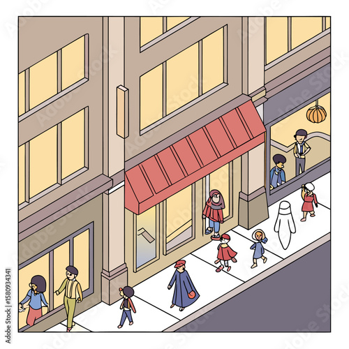 Isometric view of city street with pedestrians walking past shops and buildings with illuminated windows