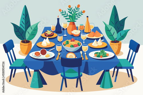 Elegant Dinner Party Table Setting with Delicious Food