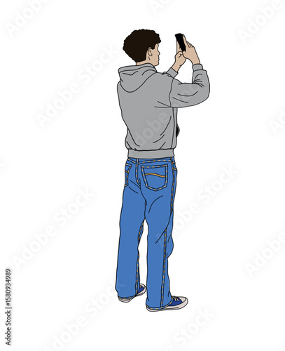 Back view of a guy taking a photo with his phone