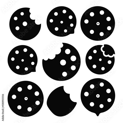 Seamless round yellow cookie food icon set illustration with sweet cartoon circle pattern design