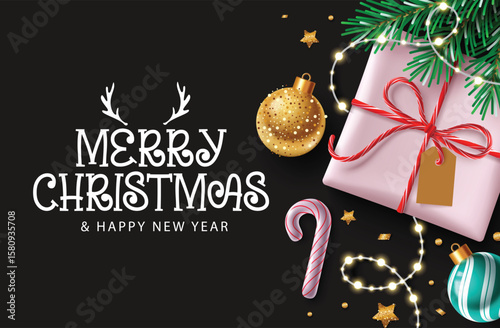 Christmas Greeting Clipart Design with Gift, Ornaments, Candy Cane, Lights, and Christmas Greeting Text. Merry Christmas Greeting design with Christmas Elements in Dark Background Vector Illustration.