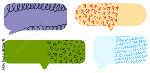 Set of colorful rectangular speech bubbles with hand-drawn textures. Vector illustration.
