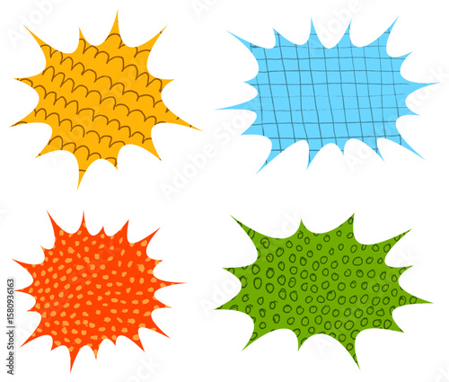 Set of four spiky comic-style bursts in bright colors with hand-drawn patterns.