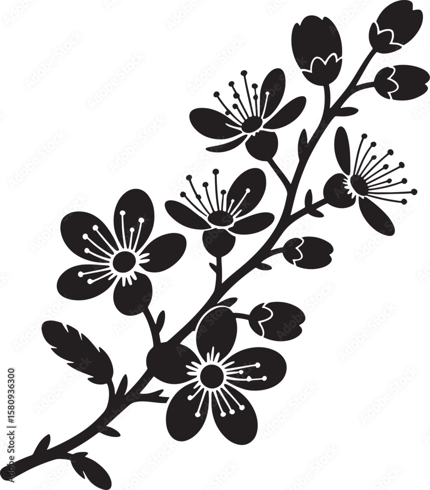Fototapeta premium Delicate Floral Branch with Small Blooming Flowers, Perfect for Subtle Botanical and Nature-Inspired Designs.
