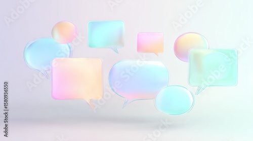 Soft-colored speech symbols in abstract floating pattern, modern representation of user response and communication