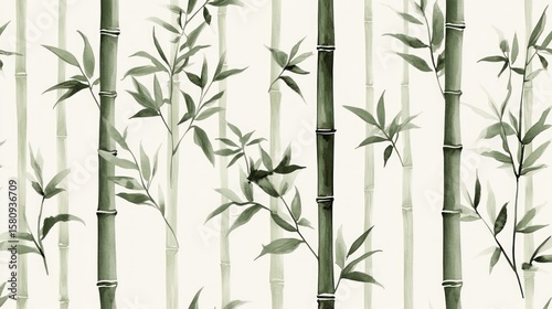 Seamless pattern of bamboo stalks and leaves.  Gentle shades of green