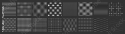 Geometric pattern set. Collection of seamless ornament backgrounds with stripes, dots, crosses, hearts and grid elements. Vector decorative textures