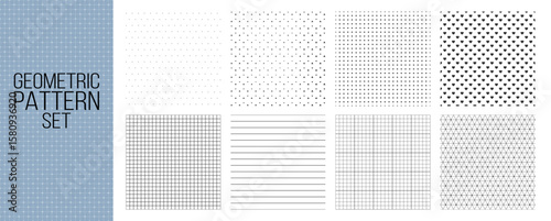 Collection of seamless geometric ornament patterns and swatches. Monochrome repeatable backgrounds in different styles on transparent background.